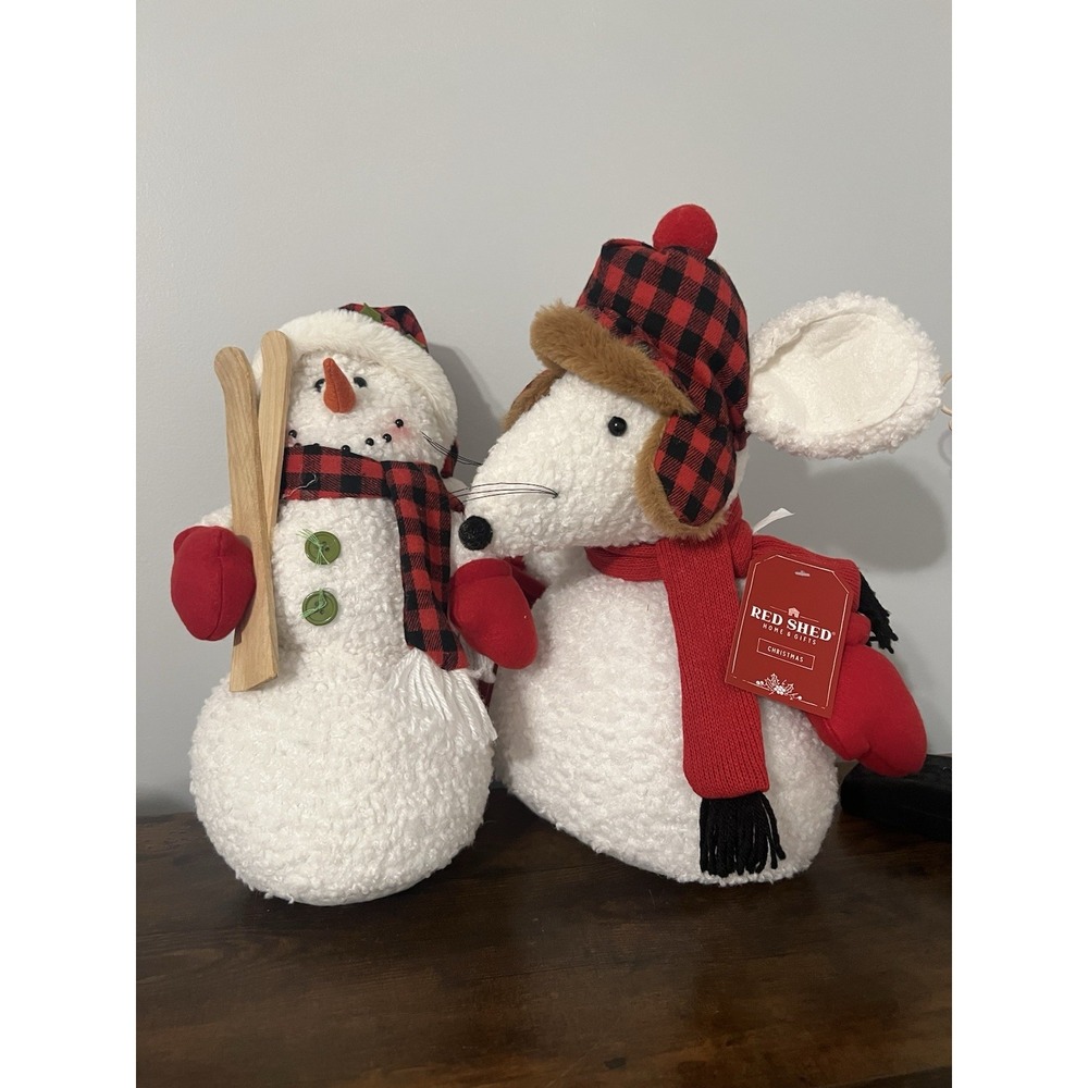 Red Shed Christmas Plush Snowman & Mouse Set Buffalo Plaid Hats Tags Attached